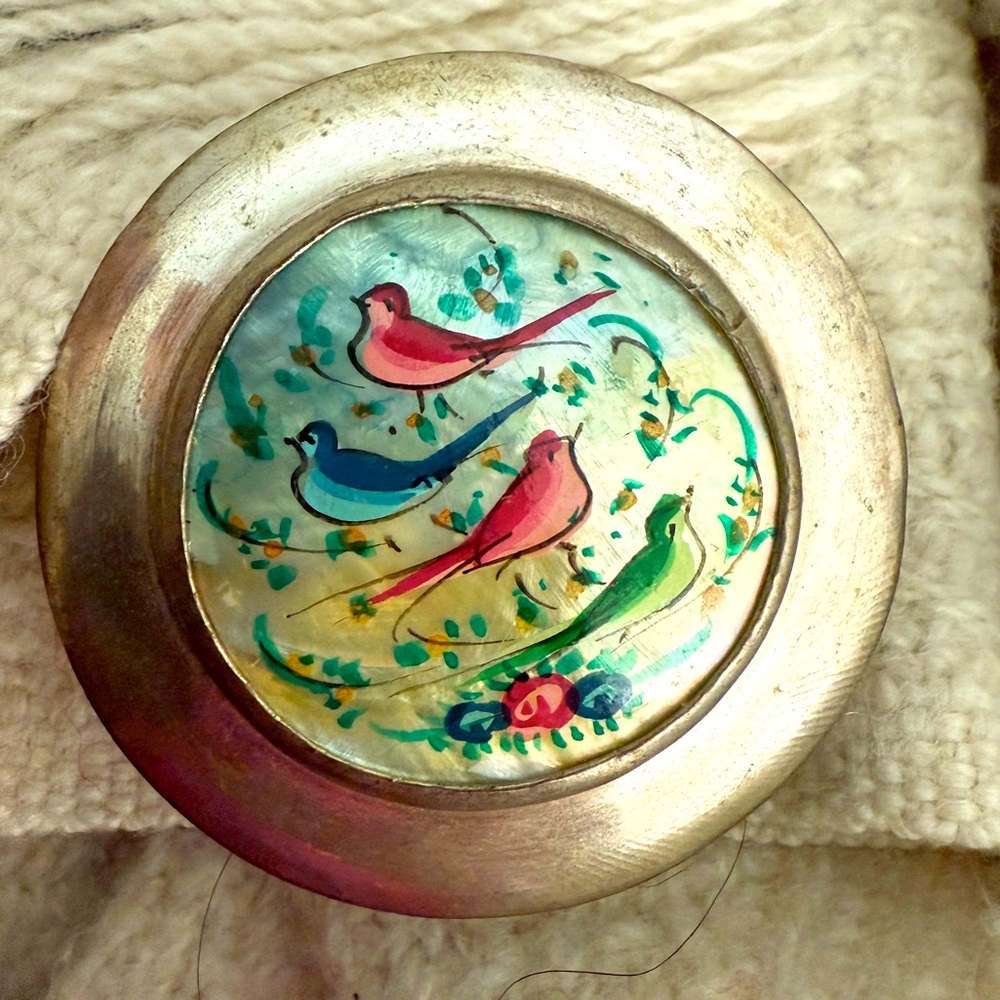 Persian Mother of Pearl Hand Painted Storyteller Vintage Trinket Pill Box Birds